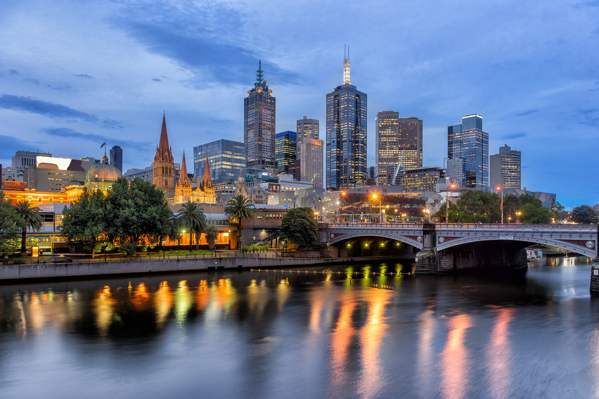 Melbourne city skyline across the Yarra River at dusk