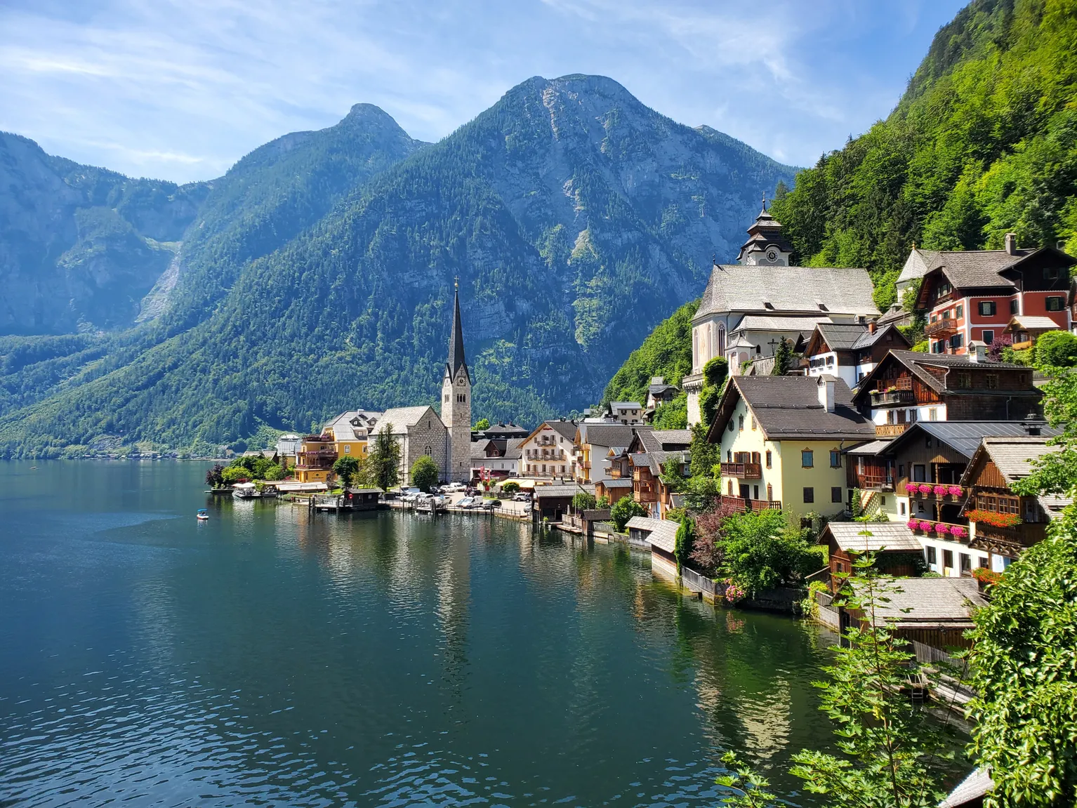 Hallstatt village beside the lake and Austrian Alps in summer