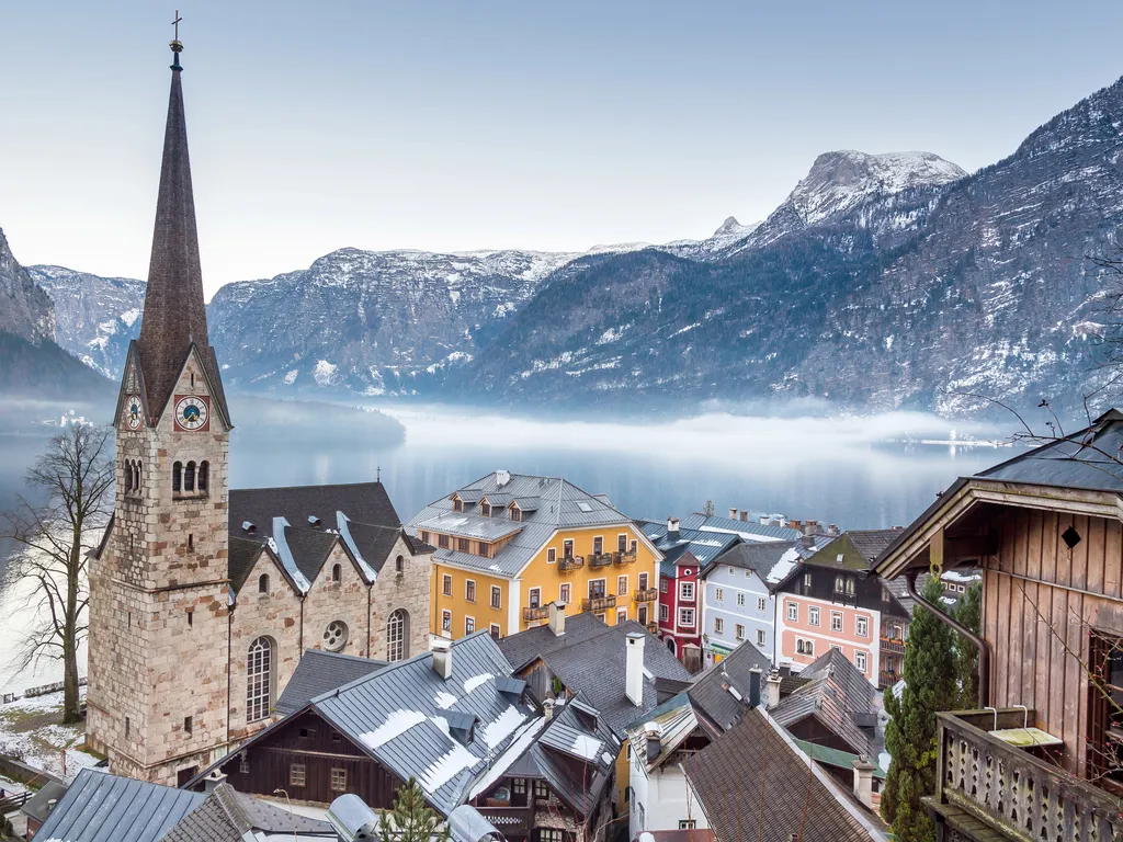 Hallstatt village and lake in Austria during winter