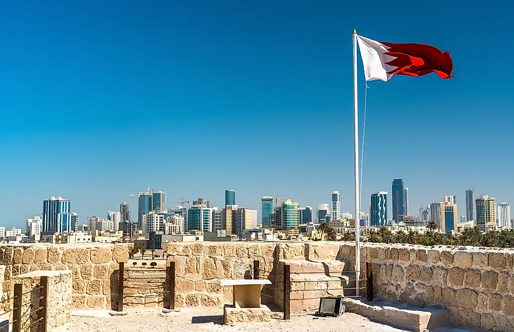 Bahrain flag flying above Manama skyline