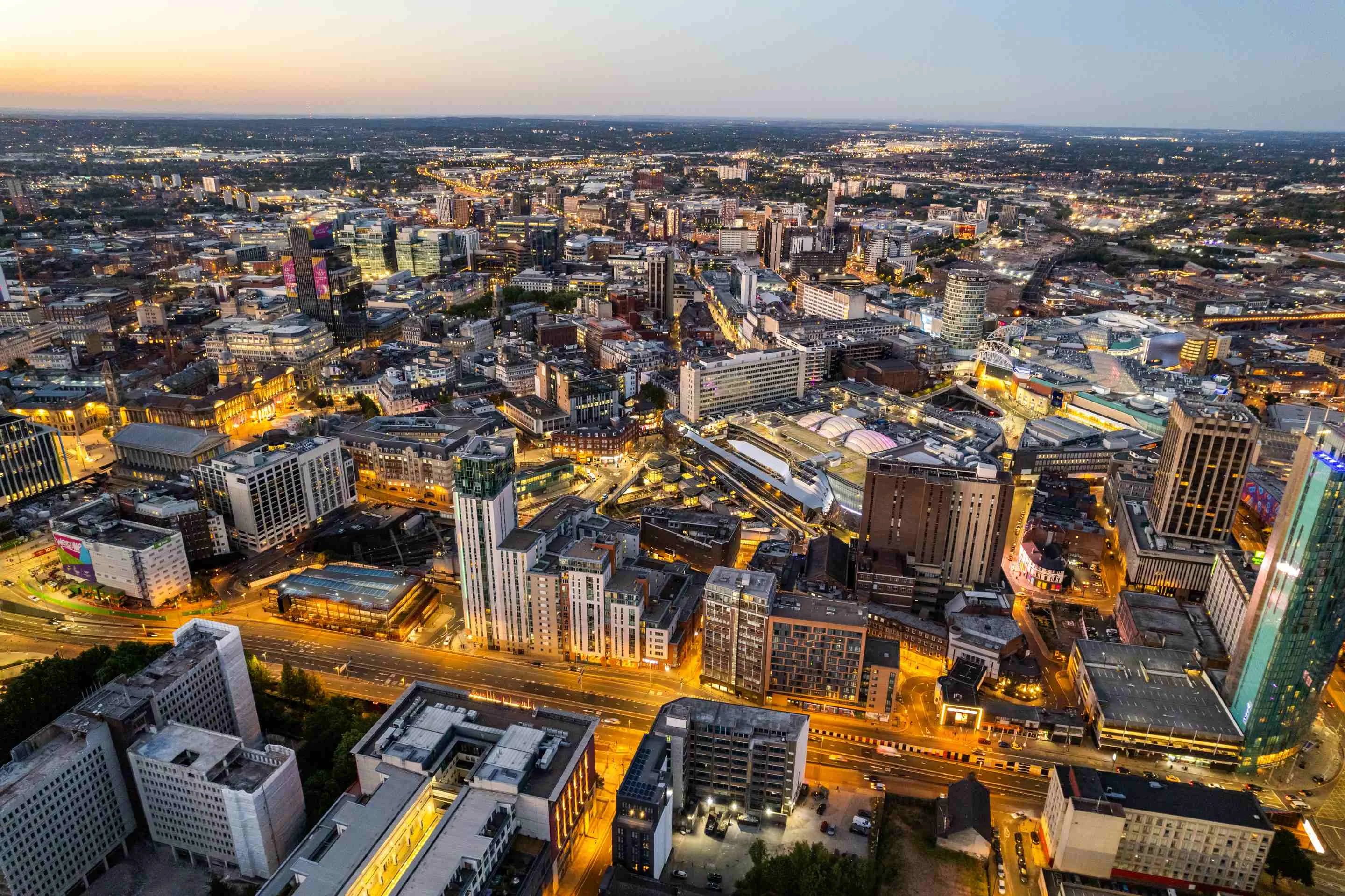 Aerial view of Birmingham city centre and the West Midlands skyline