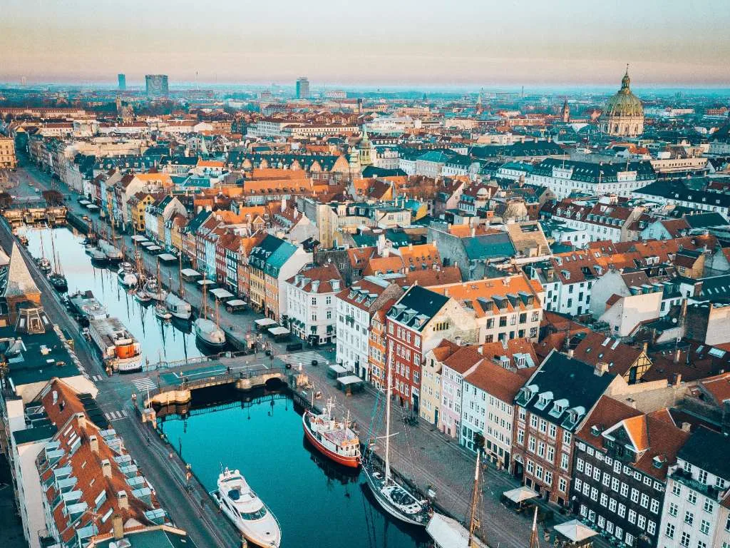 Aerial view over Copenhagen canals and rooftops