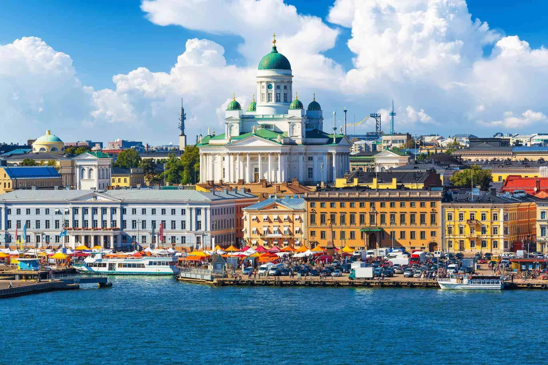 Helsinki Cathedral and harbour waterfront in Finland