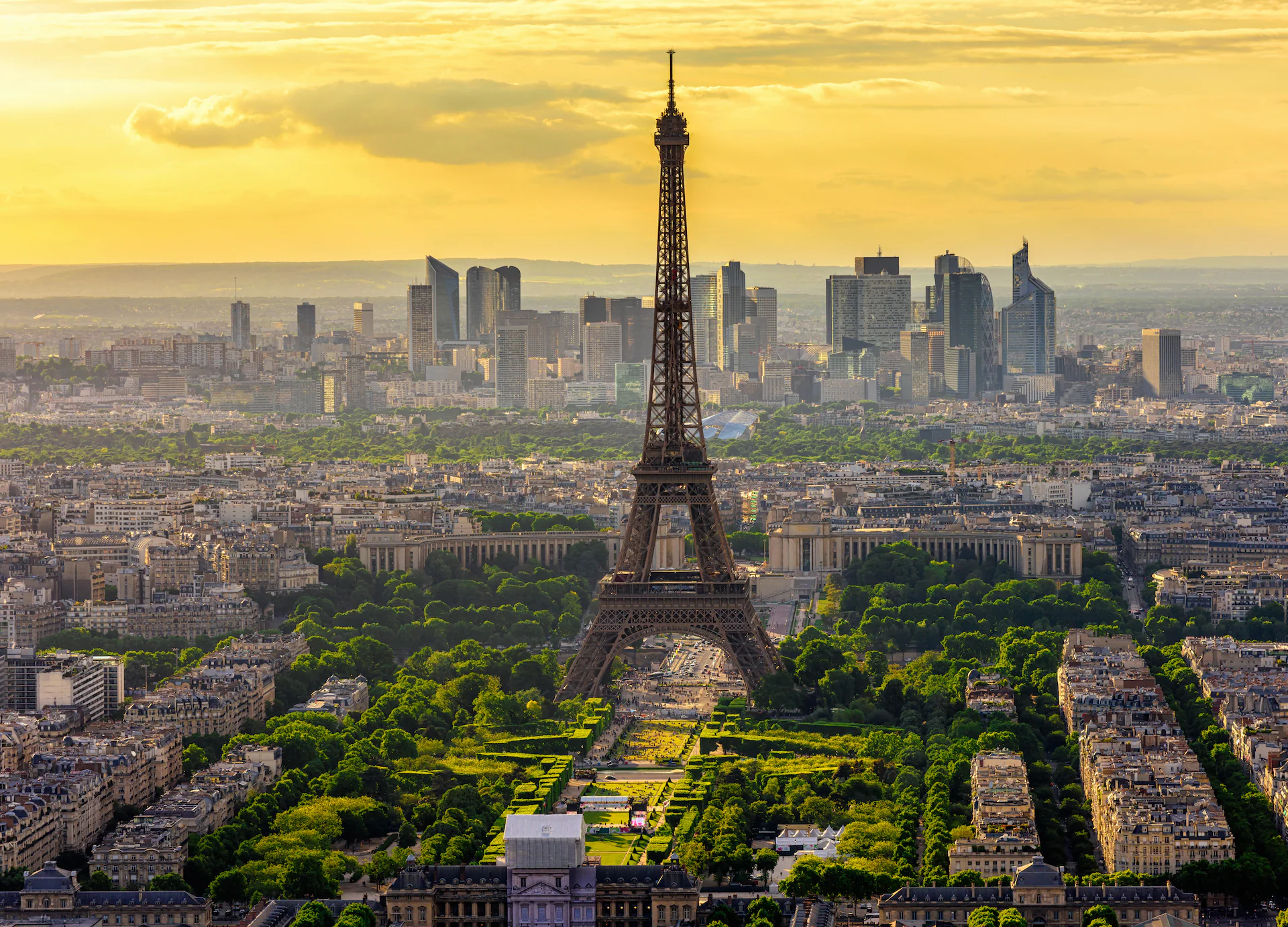 Paris skyline with the Eiffel Tower at sunset