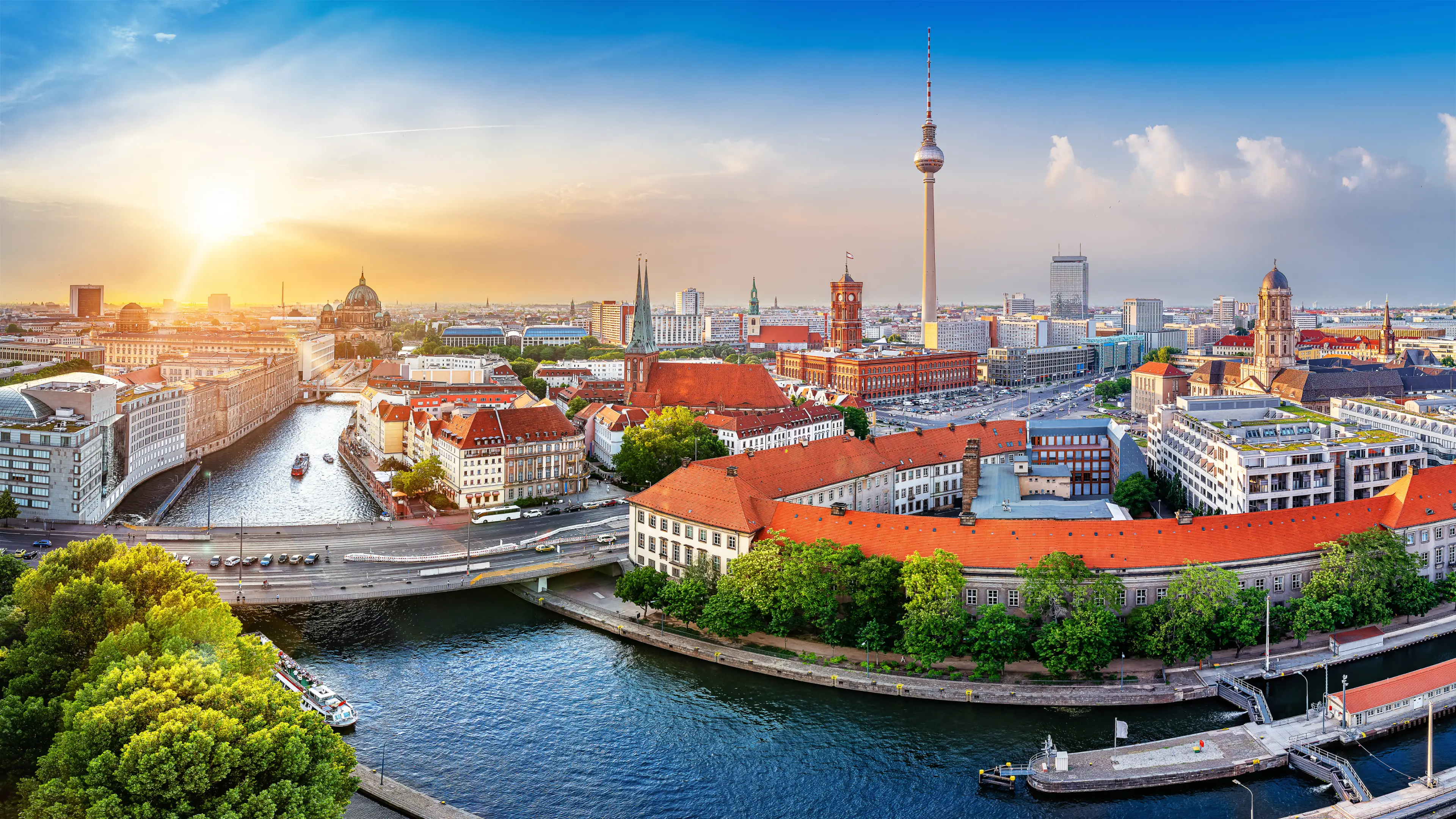 Berlin skyline and river at sunrise