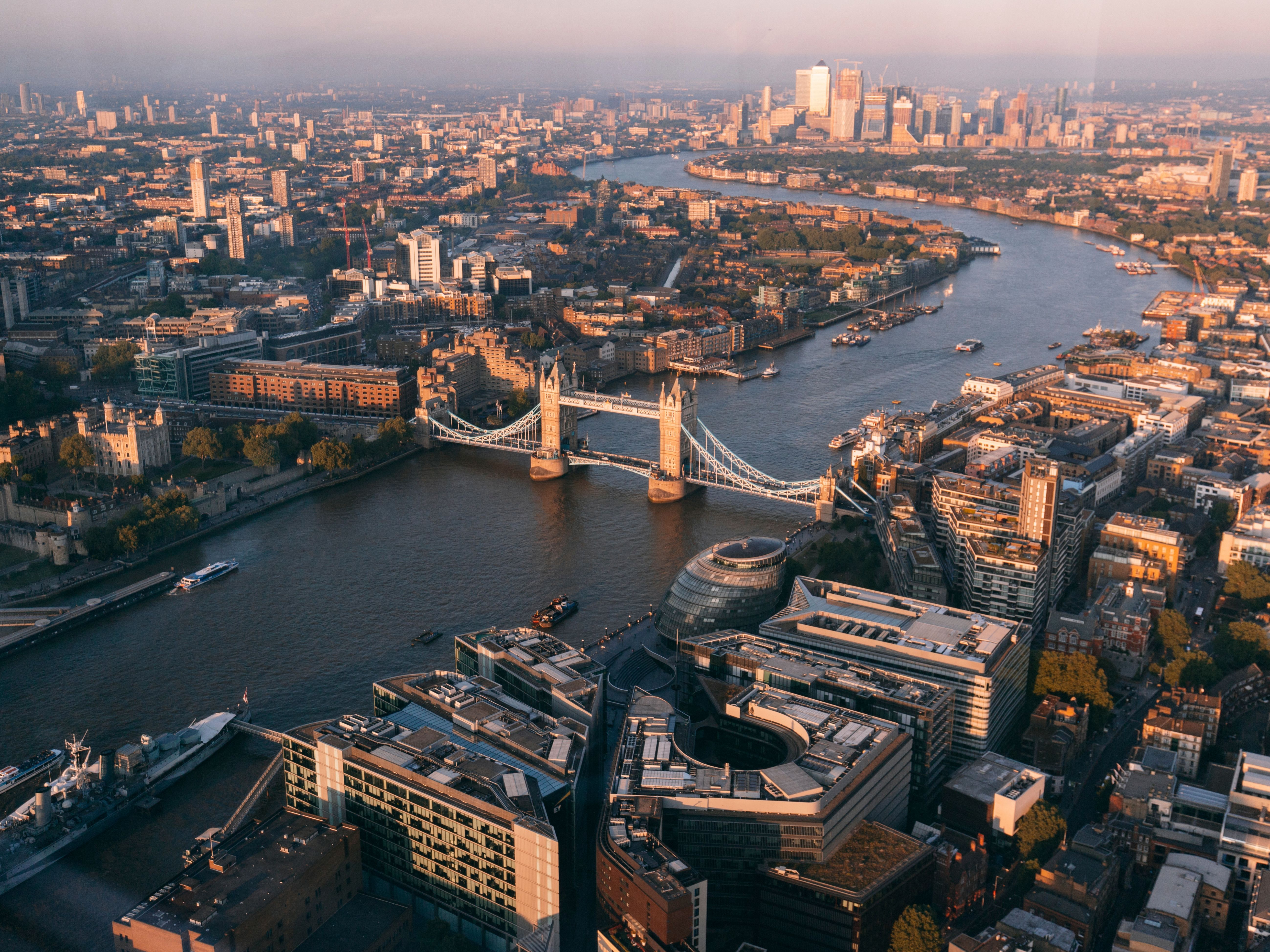 Aerial view of Tower Bridge and the River Thames in London