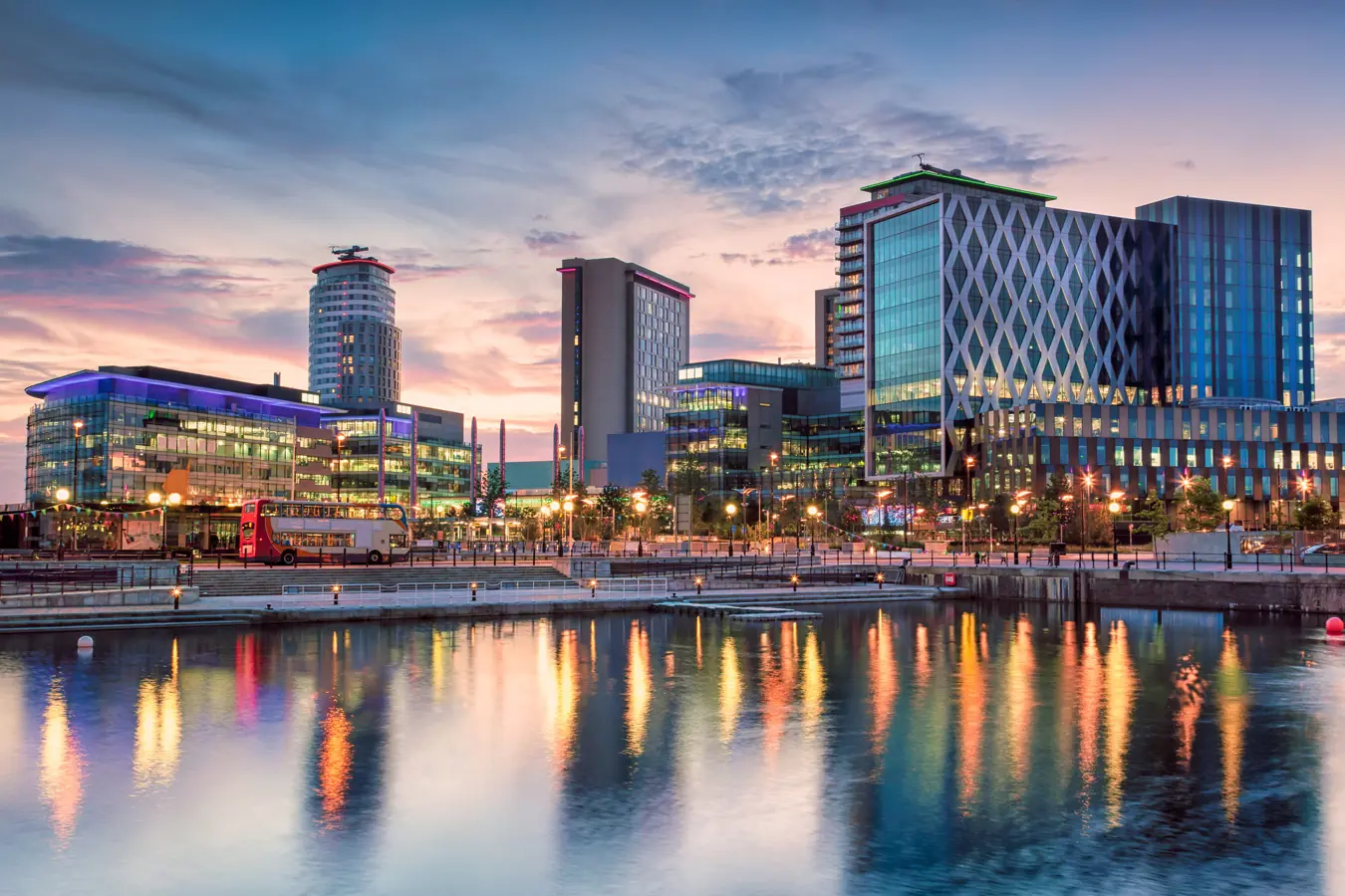 Salford Quays and Manchester waterfront at dusk