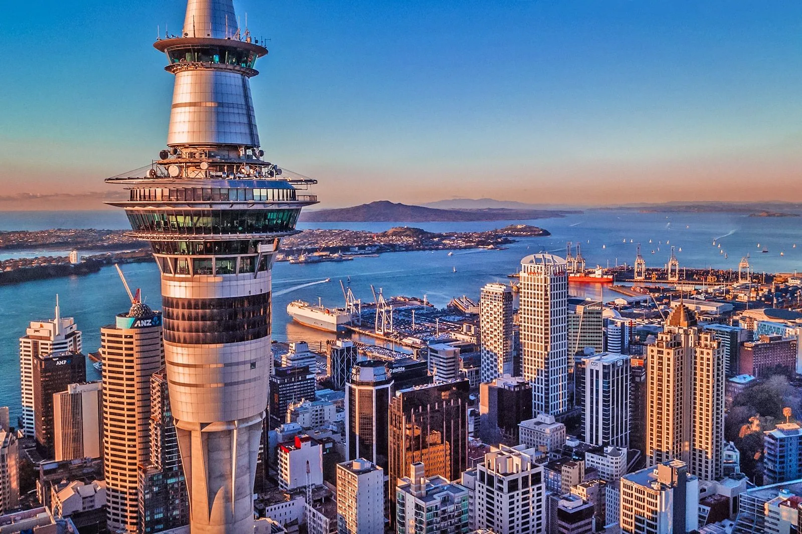 Auckland skyline and Sky Tower over the harbour