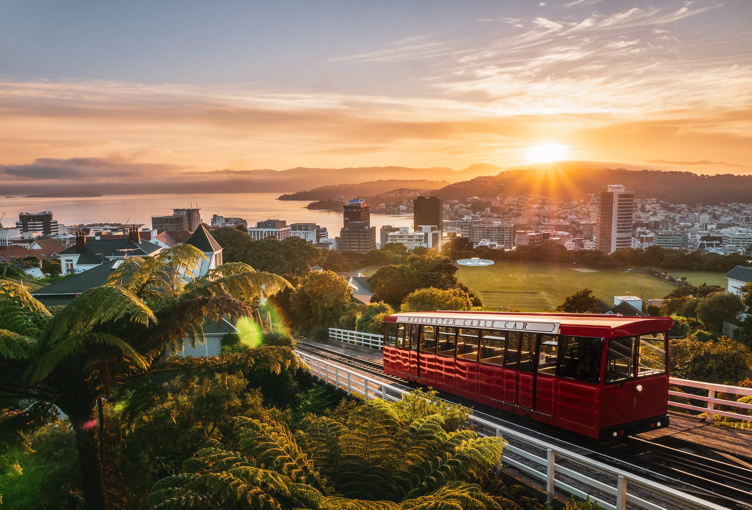 Wellington Cable Car at sunset over the city
