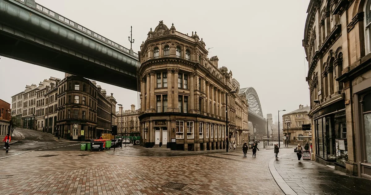 Dean Street in Newcastle with the Tyne Bridge in the background