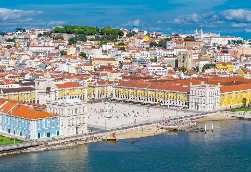 Lisbon riverfront and Praca do Comercio beside the Tagus