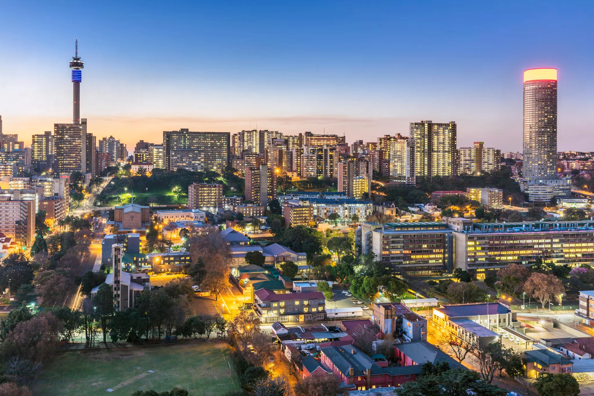Johannesburg skyline illuminated in the evening