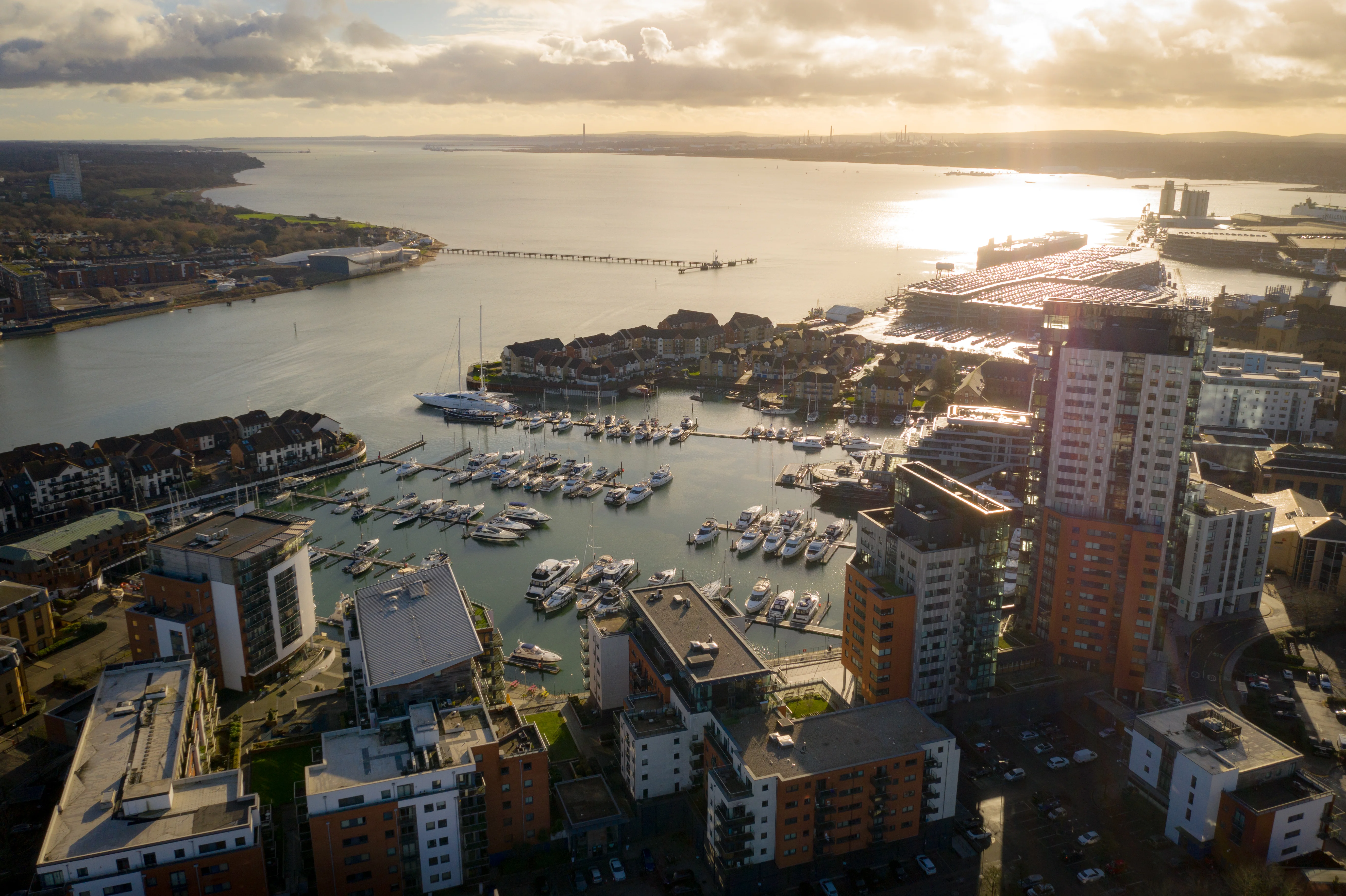 Aerial view over Ocean Village Marina in Southampton