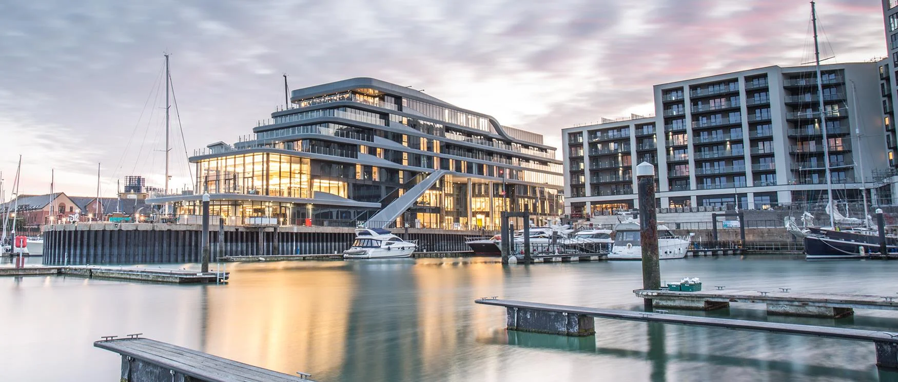 Ocean Village Marina in Southampton at dusk