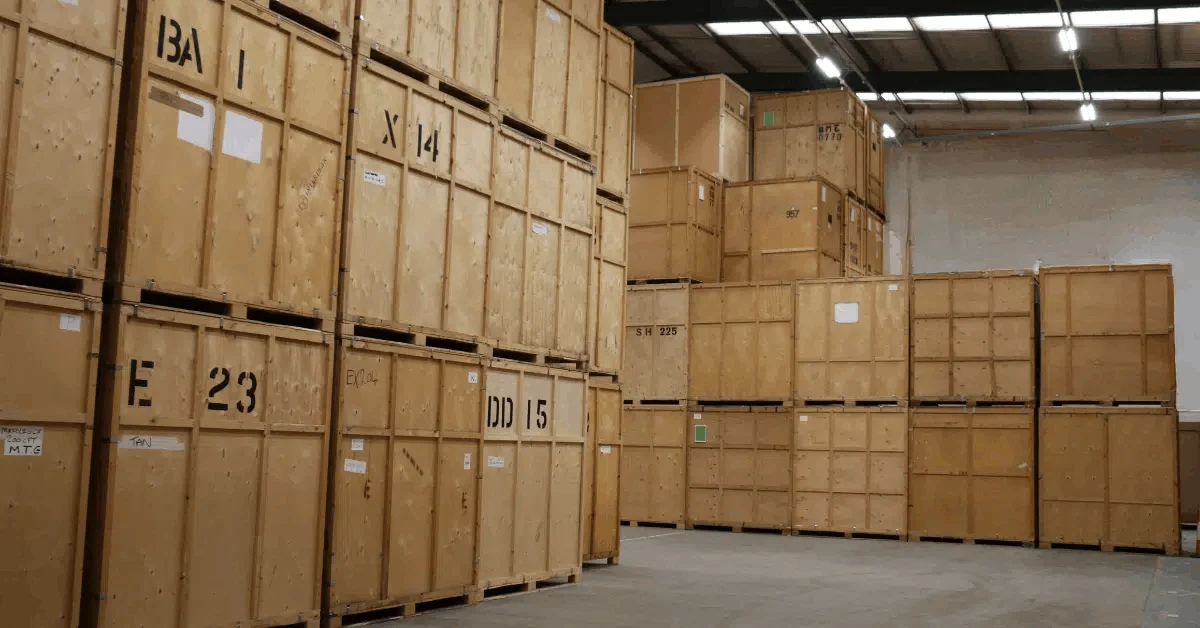 Wooden storage crates stacked inside a warehouse